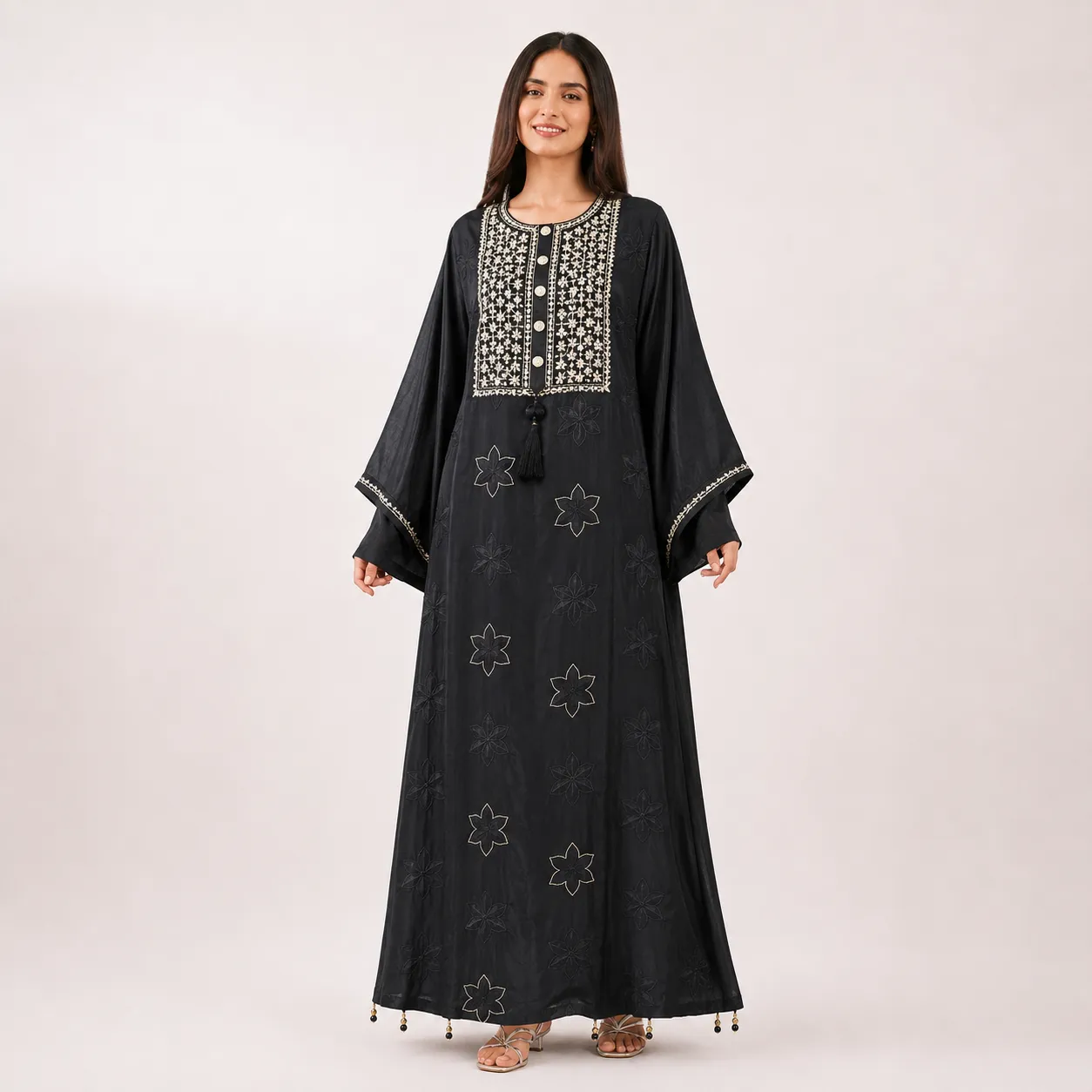 Black Embroidered Long Kaftan with Mirror Button Detail